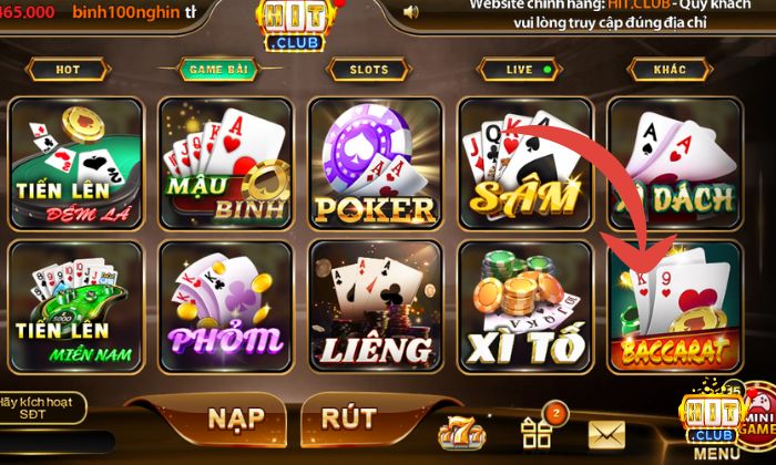 Tìm Baccarat Hitclub ở trong mục Game bài 