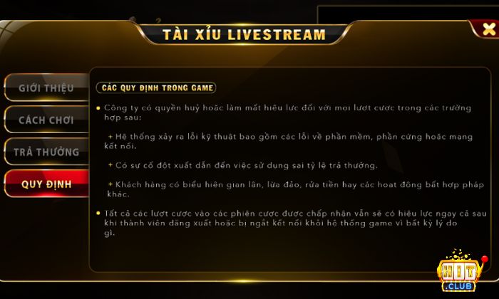 Người chơi cần tuân thủ quy định của nhà cái Hitclub khi chơi Tài xỉu Livestream